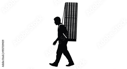Silhouette of a man walking while carrying a large rectangular woven basket on his back