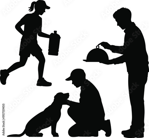people and dog care silhouettes, pet owner activities, feeding dog training exercise, pet lifestyle concept, animal care illustration