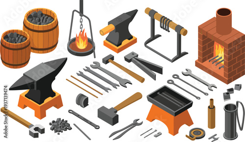 Isometric blacksmith workshop equipment with anvil forge coal hammer tongs furnace and traditional metal forging tools illustration set