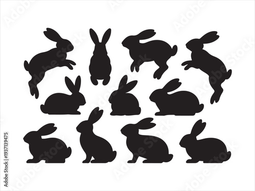 Rabbit silhouettes vector set showing different poses and movement, Rabbit Silhouette Set Different Bunny Poses Vector Illustration