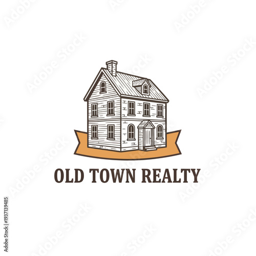 Vintage Old Town Realty Logo with Hand Drawn House Illustration