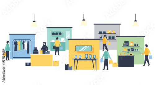Busy Shoppers in a Modern Department Store: Flat Design Vector Illustration of Retail Activity