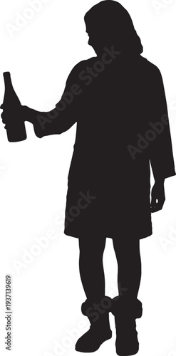 vector, silhouette of  front view of a woman holding, raising, and looking at a glass bottle