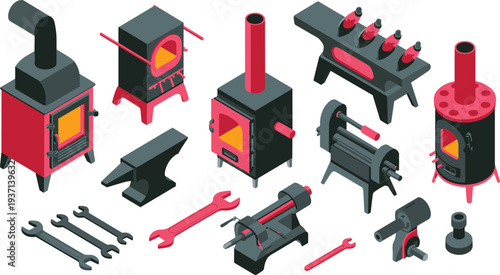 Isometric blacksmith workshop machinery set with forge furnace anvil lathe wrench tools metal forging industrial equipment illustration