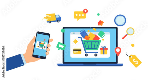E-commerce & Online Shopping Concept: Digital Retail on Mobile and Laptop, Featuring Delivery, Payment, Reviews, and Search.