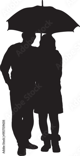 vector, silhouette of front view of a couple standing with an open umbrella