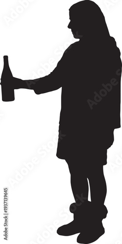 vector, side view of a woman holding, raising, and looking at a glass bottle