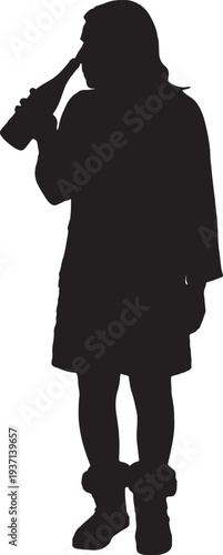 vector,  silhouette of woman smelling a glass a empty bottle glass