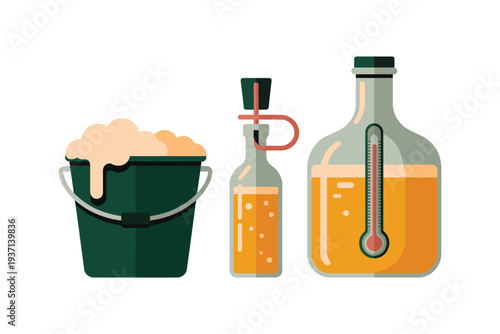A bucket and bottles of homemade beer in a vector illustration