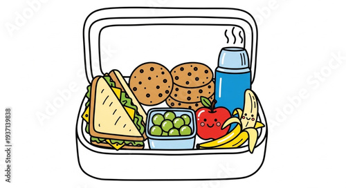 Packed Lunch Box with Sandwich Fruits and Snacks.