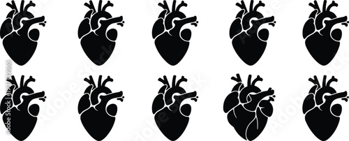 Ten Black Anatomical Heart Icons Arranged in Two Rows on White Background human heart cardiology