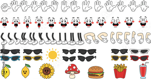 Retro Rubber Hose Cartoon Character Creator Kit Featuring Expressive Faces Gloved Hands Legs and Vintage Accessories