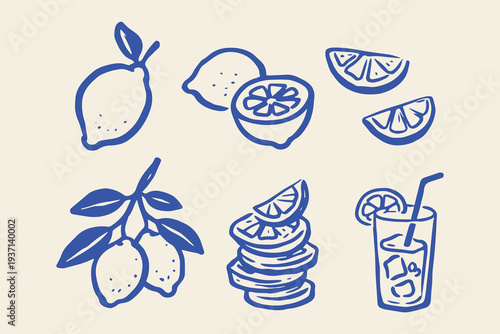 Lemon lemonade set naive outline sketch vector illustration