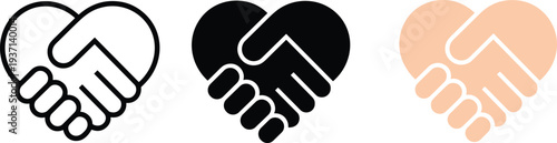Three handshake heart icons in outline black and peach colors love relationship