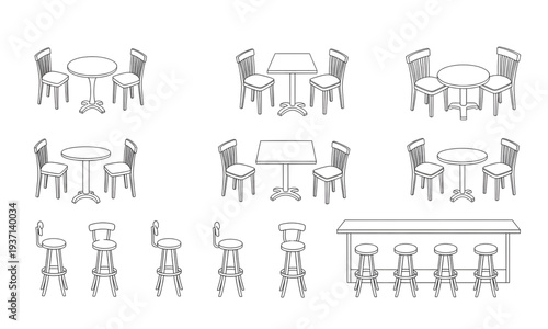 Professional Restaurant Furniture CAD Blocks 2D Top View Dining Sets, Cafe Bistro Tables, and Bar Stool Line Art for Architectural Floor Plans