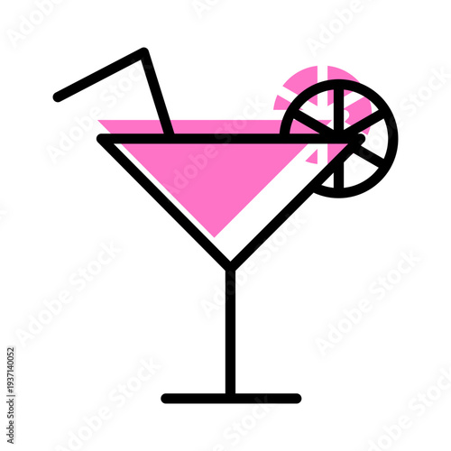 icon of glass with cocktail and lemon contour cartoon style with pink shadow