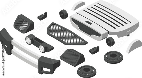 Isometric car front bumper and grille parts set, automotive components, vehicle body spare parts vector illustration
