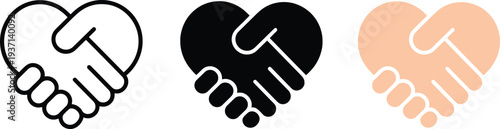 Three handshake heart icons in outline black and peach colors love relationship