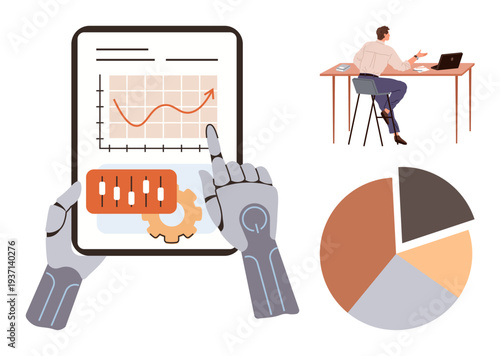 Artificial intelligence, data analysis, human collaboration, digital transformation, business growth, technology integration. Robotic hands reviewing data, human at desk interacting with AI