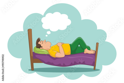 A man sleeping peacefully in a bed with a thought bubble above