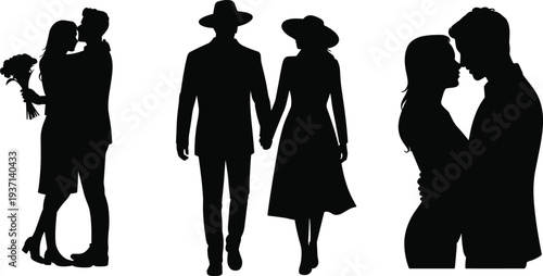 romantic couple silhouettes, love relationship concept, kissing couples illustration, romantic partners holding hands, wedding romance scene, affectionate couple moments