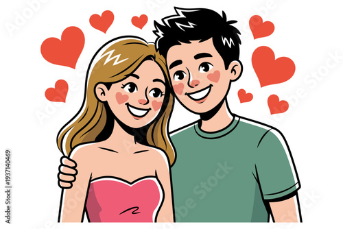 A loving couple illustration with hearts in a romantic scene