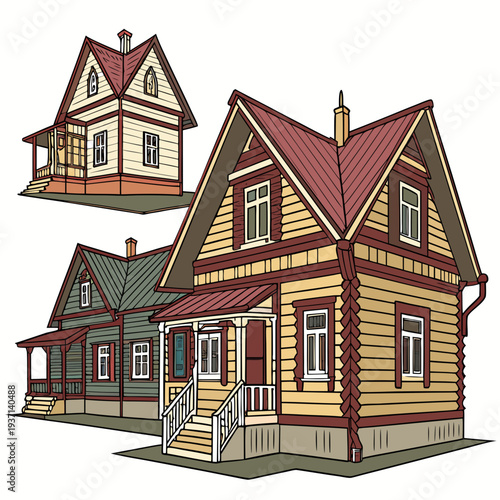 Two charming houses with red roofs and wooden siding