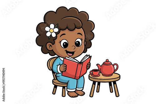 A little girl in pajamas reading a book with a cup of tea