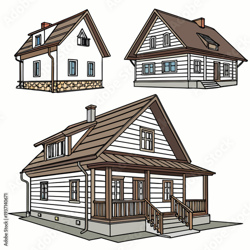 Three different views of a white house with a brown roof and porch