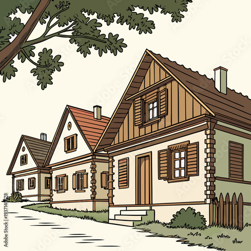 Illustration of a charming house with a brown roof and wooden shutters on a quiet street with trees