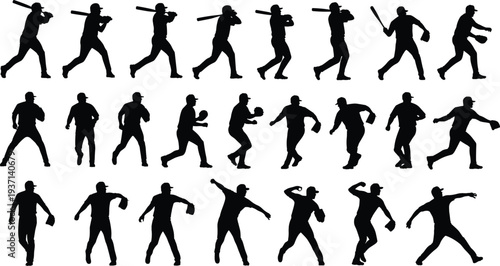 Baseball Player Silhouette Action Set Vector Illustration Batter Pitcher Running Catching Throwing Athlete Sports Collection Isolated Black Design