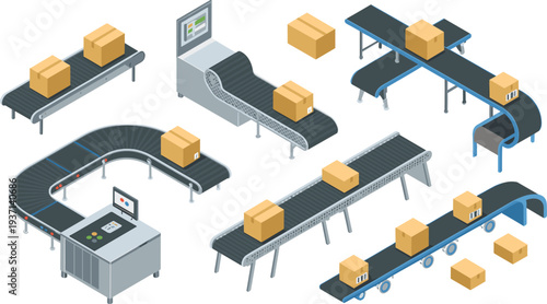 Isometric conveyor belt logistics system set, warehouse package sorting, factory automation production line transport vector illustration