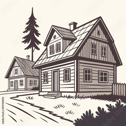 A charming illustration of two houses with a tall pine tree in the background on a sunny day with a picket fence and a pathway
