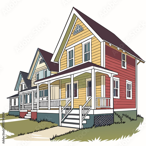 Colorful row of suburban houses with porches and gabled roofs