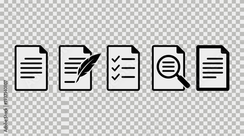 Set of document icons with various actions and states.