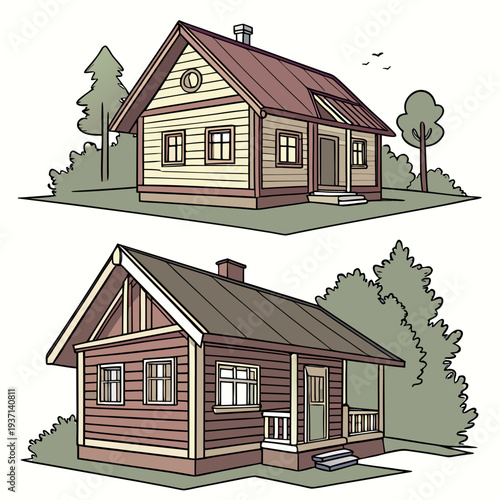 Two cartoon houses with brown roofs and siding in different colors on green grass with trees