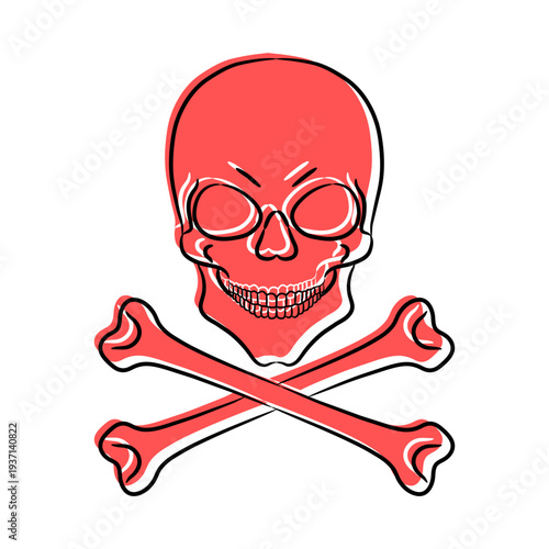 icon of skull with bones contour cartoon style with red shadow