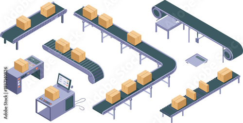 Isometric conveyor belt system with packages, warehouse automation, logistics production line, factory transport equipment vector illustration set