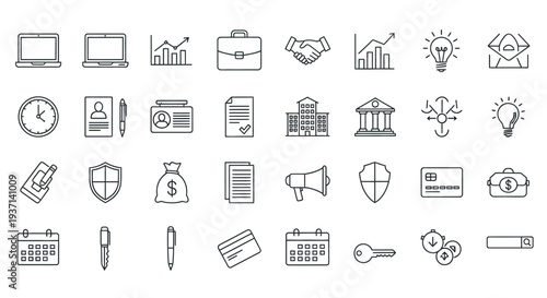 Collection of business icons and symbols in a linear style silhouette