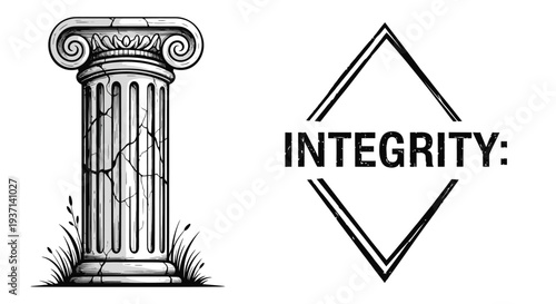 Classical column illustration with a diamond and the word integrity silhouette
