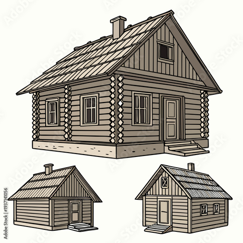 Illustration of a log cabin house with three different views