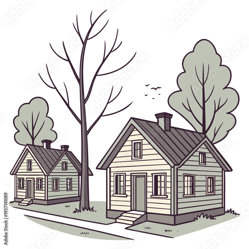 Two houses with trees on a quiet suburban street with a sidewalk and a