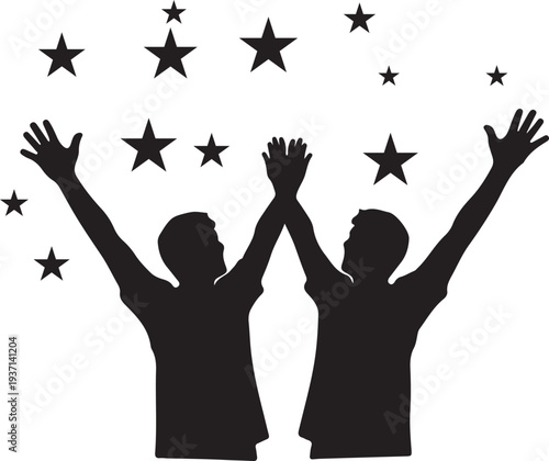 Two people reaching for the stars in a celebratory gesture