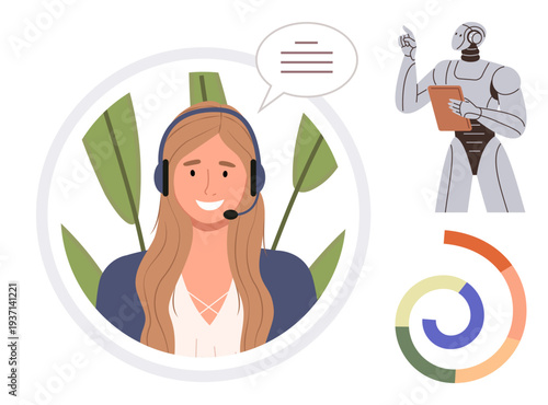 Customer service, artificial intelligence, analytics, communication, technology, teamwork. Smiling woman with headset, robot and diagram. Customer service and artificial intelligence concepts