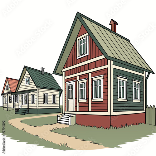 A colorful illustration of two houses on a green lawn with a dirt path leading to the red and green house