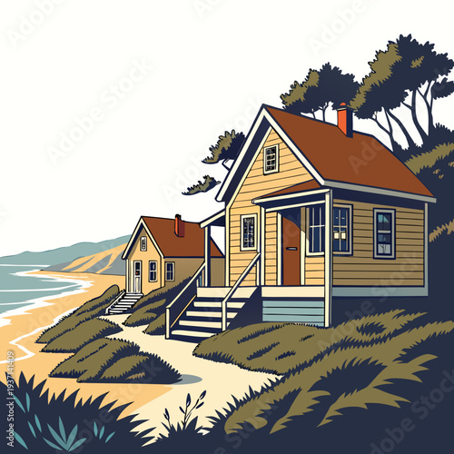 Illustration of two beach houses on a sandy dune with trees and grassy areas near the ocean shore with a clear sky