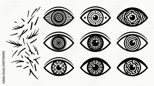 Collection of stylized black and white eye illustrations with various designs.