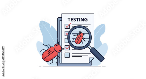 Testing process with a magnifying glass and bug flat design silhouette