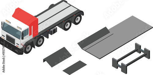 Isometric heavy duty flatbed truck with loading ramps platform and transport equipment industrial cargo vehicle illustration