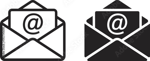Two email icons with an at symbol on a card inside an open envelope Keywords: email, envelope, at symbol, message, communication